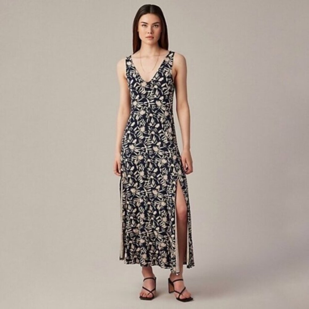 Hudson North Navy Floral Prairie Jersey Side Slit V-Neck Beach Maxi Dress L